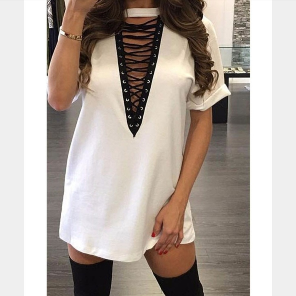 **ALL WHITE deep V lace up T-shirt/ dress